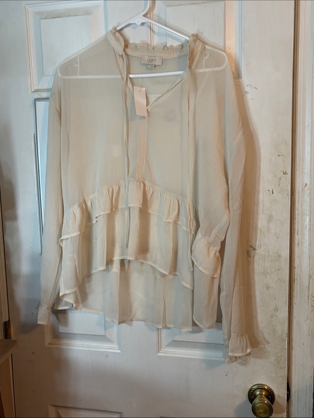 LOFT Cream Ruffle  Sheer Peasant Blouse Size Large